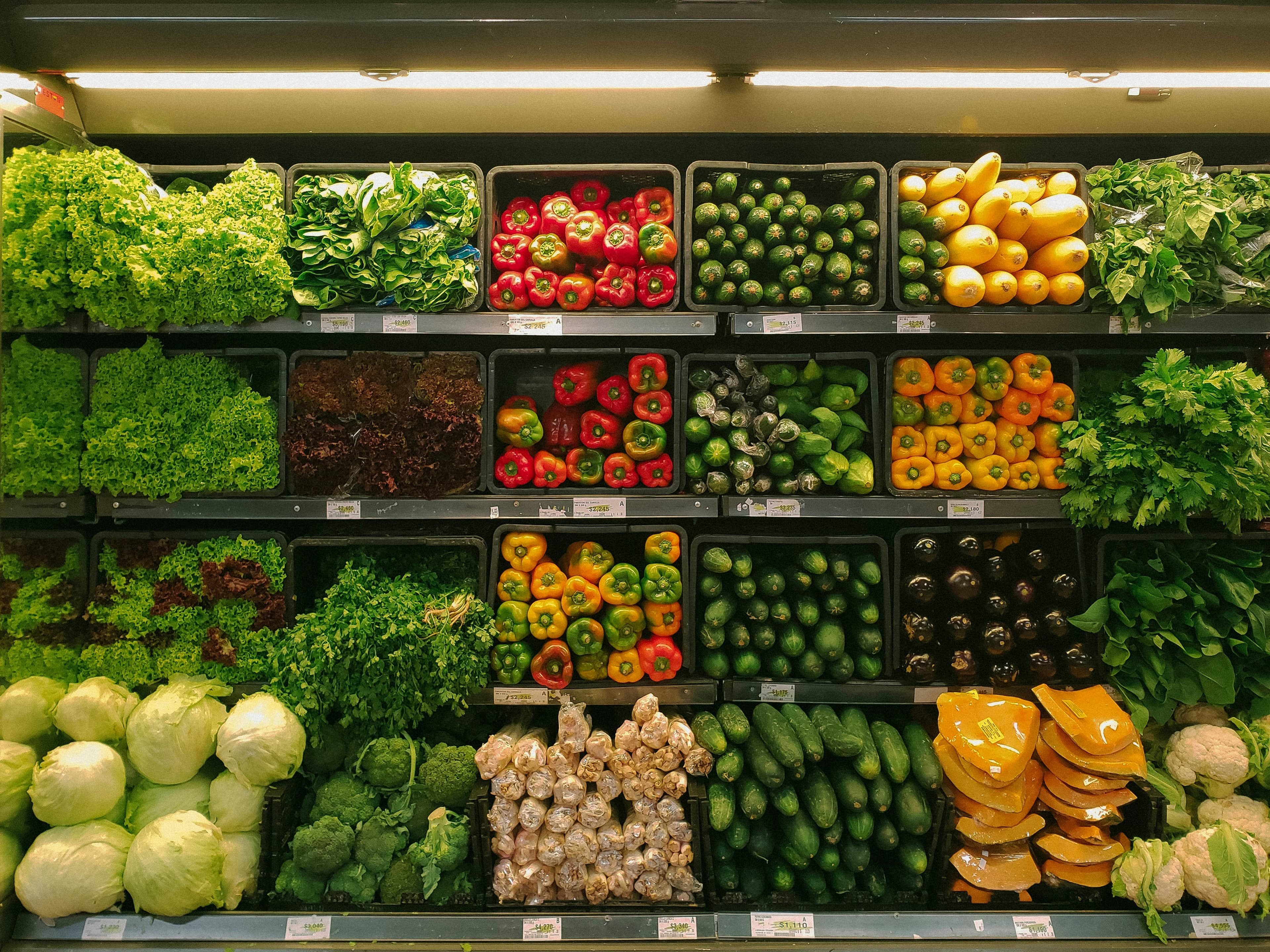 Fresh vegetables on store shelves